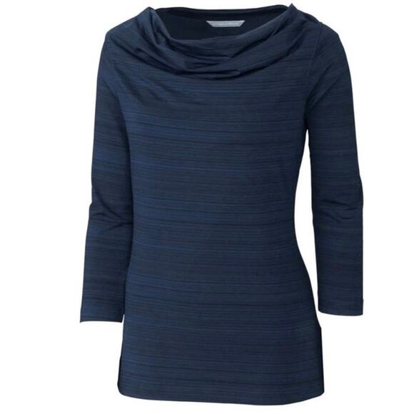 Cutter & Buck NWT Navy Blue DryTec 3/4 Sleeve Highland Park Cowl Neck Top XS - Picture 1 of 6